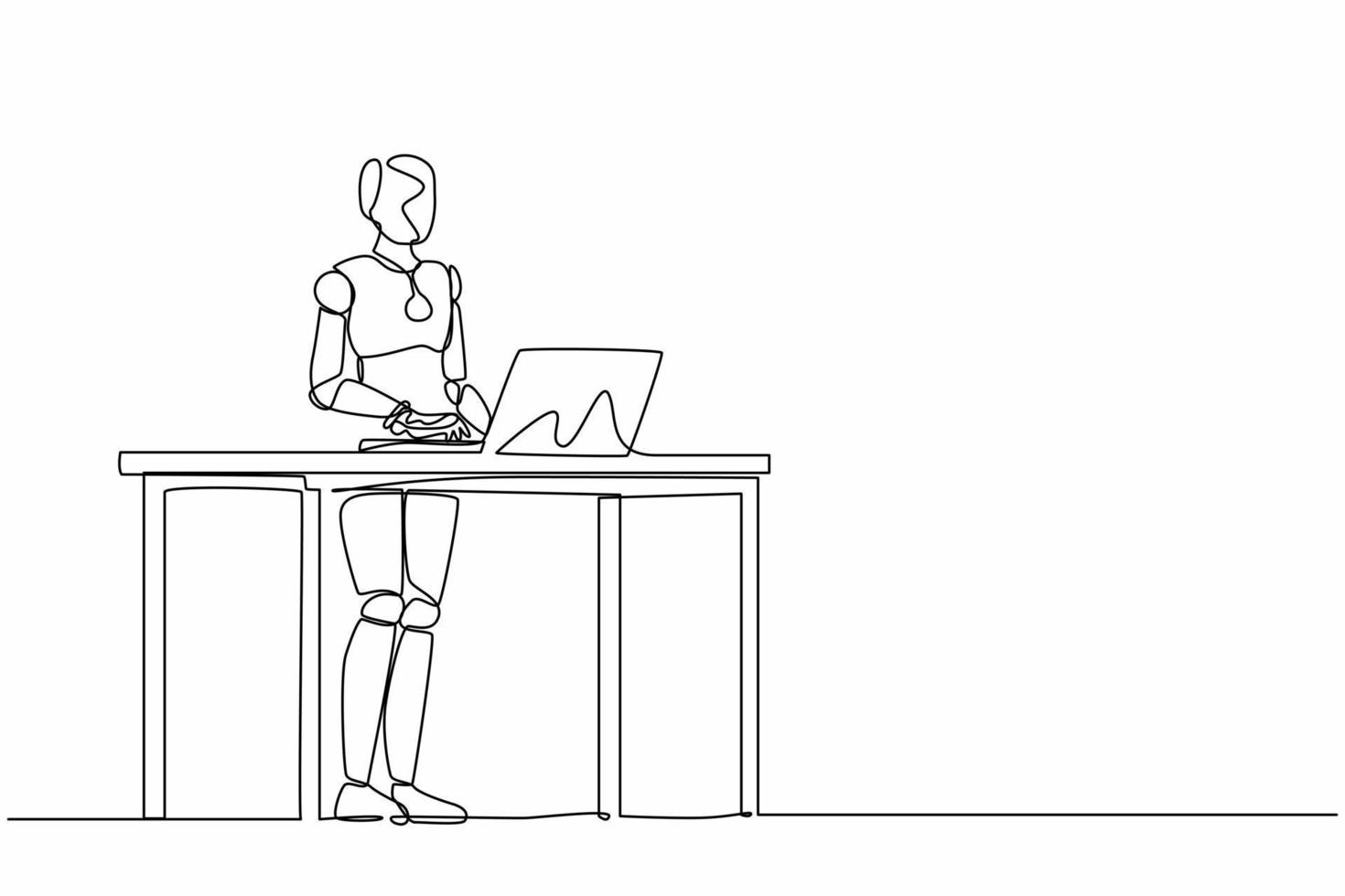 Single continuous line drawing smart robot standing and working behind desk. Modern robotic artificial intelligence. Electronic technology industry. One line draw graphic design vector illustration