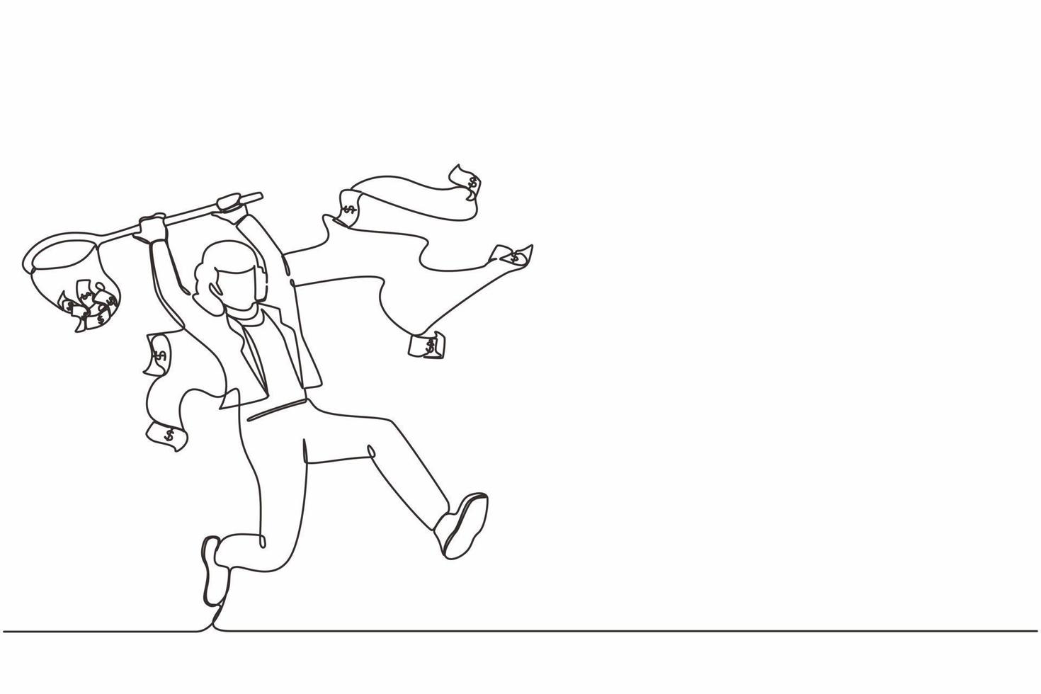 Continuous one line drawing businesswoman trying to catch flying money with butterfly net. Happy running entrepreneur woman using business opportunity to scoop dollar bills. Single line design vector