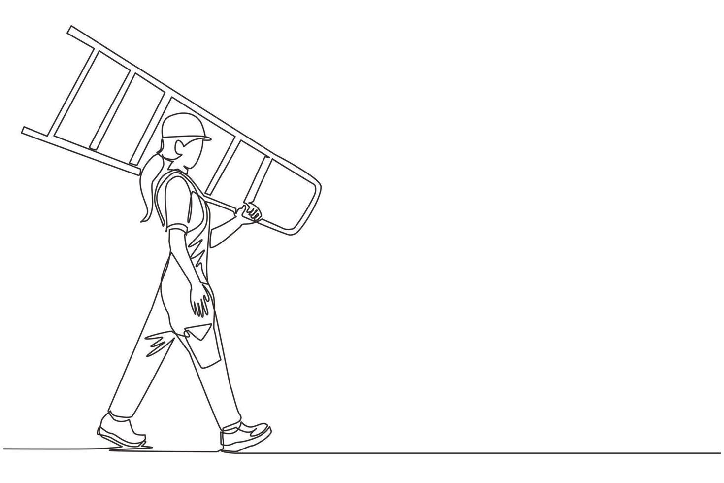 Continuous one line drawing repairwoman with ladder. Handywoman working on call. Carpenter handle activity on renovation home. Hard laborer job. Painter worker handywoman. Single line design vector