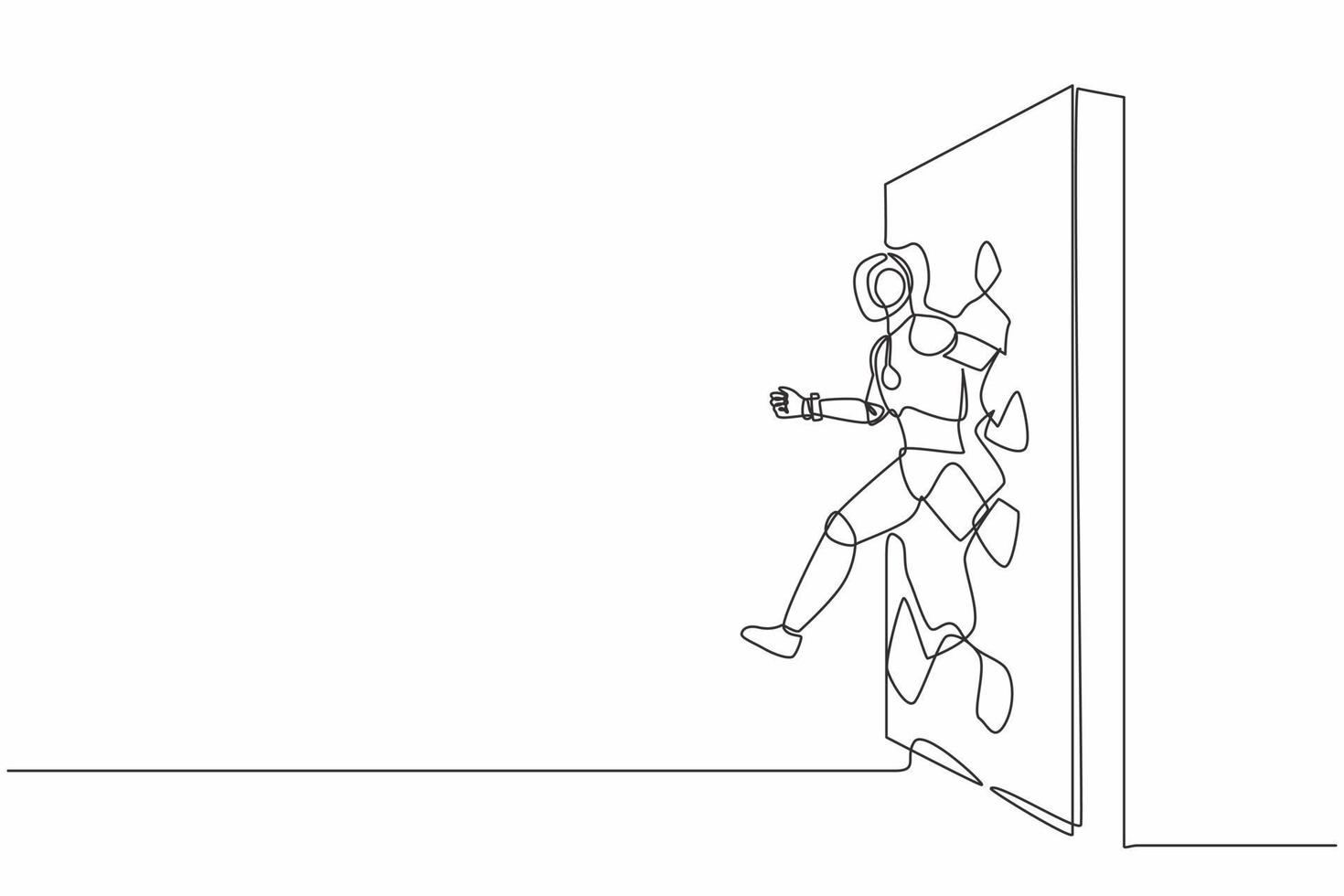 Single one line drawing robot run and breaking through brick wall. Future technology development. Artificial intelligence and machine learning. Continuous line draw design graphic vector illustration