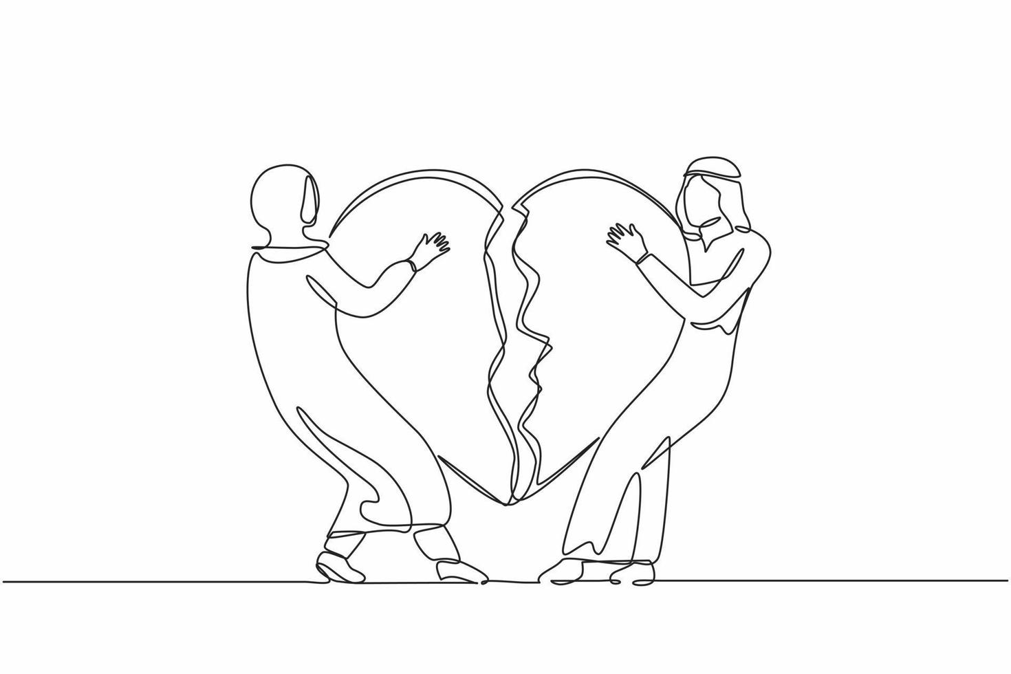 Single continuous line drawing lovers broken heart. Young Arab man, woman pulled apart causing each other feel great sorrow, couple in disagreement at end of relationship. One line draw design vector