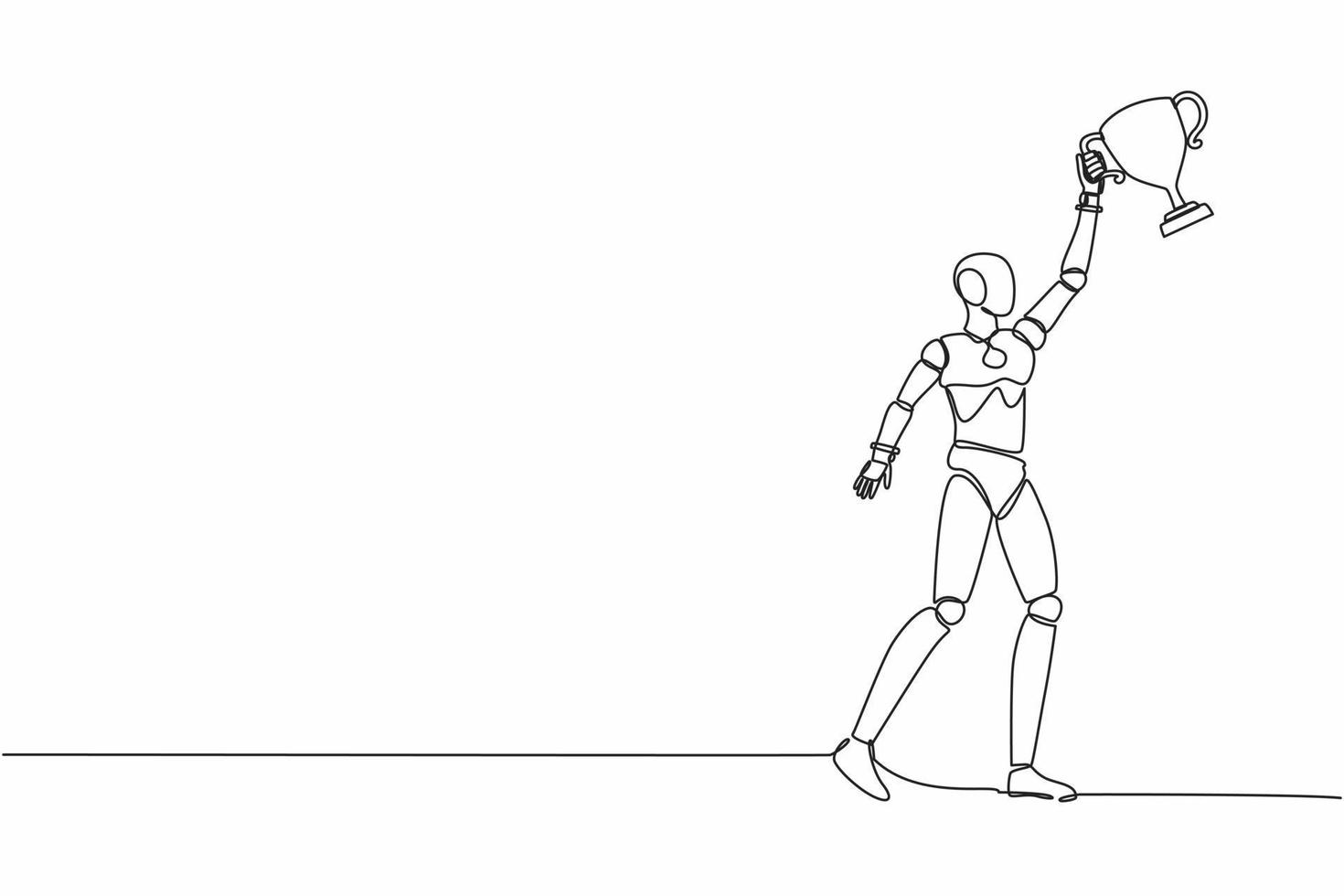 Single one line drawing robot holding trophy with one hand. Success and goal achievement. Winning competition. Future technology development. continuous line draw design graphic vector illustration