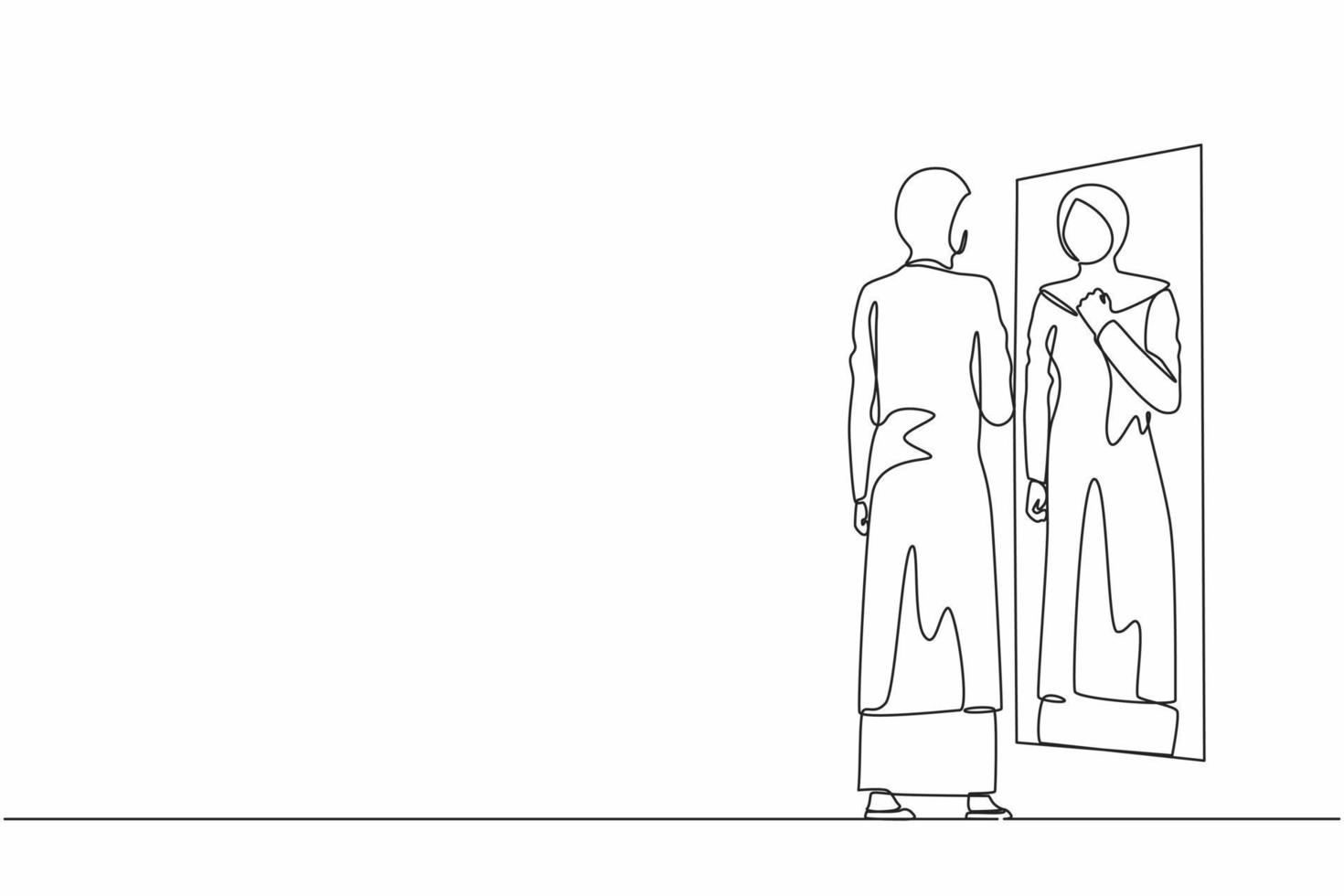 Continuous one line drawing Arabian businesswoman adjusting hijab in front of mirror. Woman checking her appearance in mirror. Female manager looking herself in mirror. Single line draw design vector