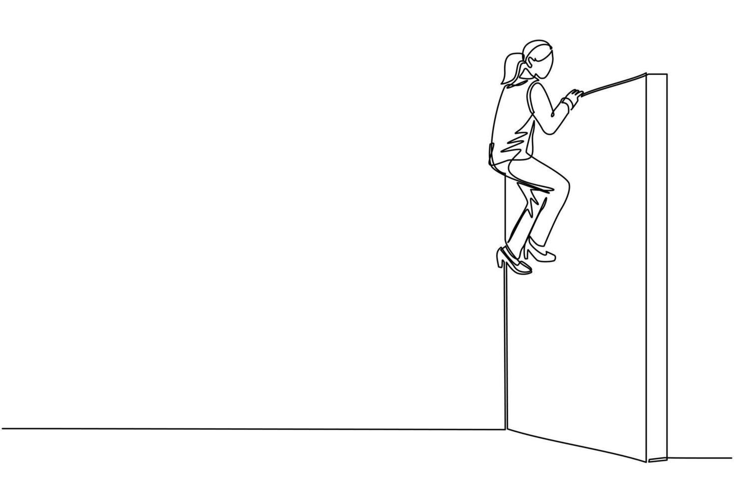 Continuous one line drawing businesswoman overcame wall obstacles that blocked her and conquered adversity. Overcome difficulties to achieve victory. Single line design vector graphic illustration