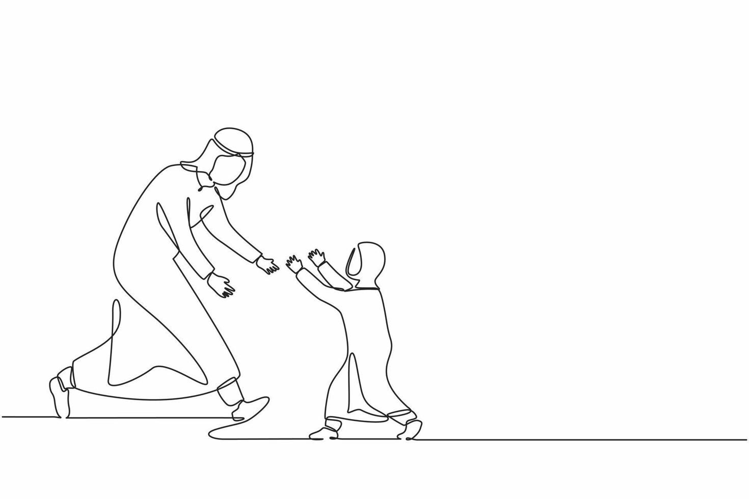 Continuous one line drawing joyful Arab little daughter running to dad for family hug. Happy little girl meeting man with love. Family, Fathers day, childhood. Single line draw design vector graphic