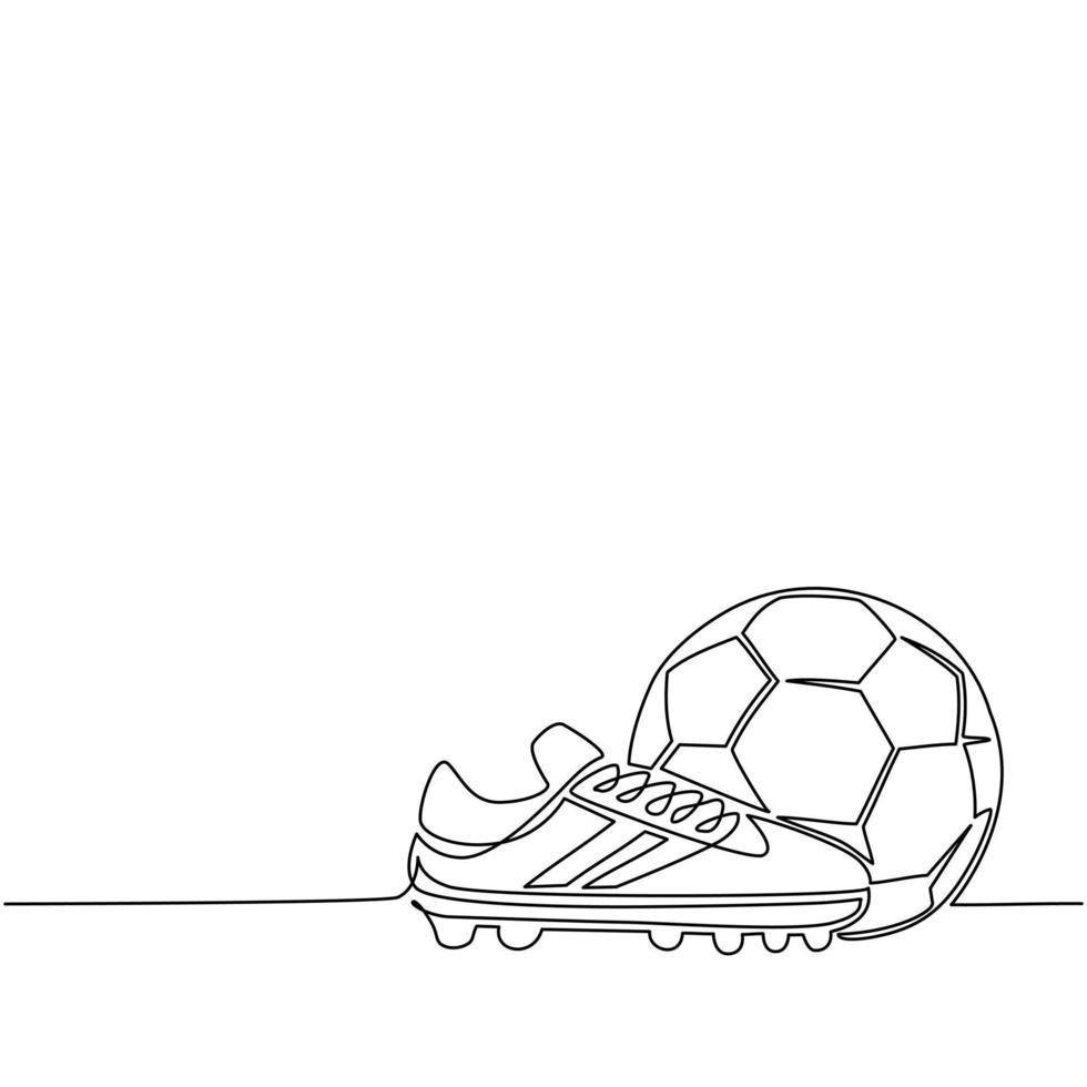 zapatos de fútbol de dibujo de una sola línea y pelota de fútbol. icono de fútbol. botas de balon de futbol. inventario deportivo. Torneo competitivo y de juego de competencia. ilustración de vector de diseño de dibujo de línea continua