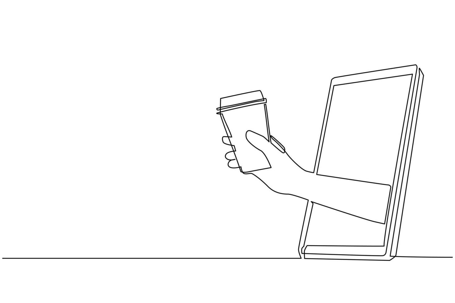 Single one line drawing hand holding coffee paper cup through mobile phone. Concept of cafe drink order delivery online food. Application for smartphones. Continuous line draw design graphic vector