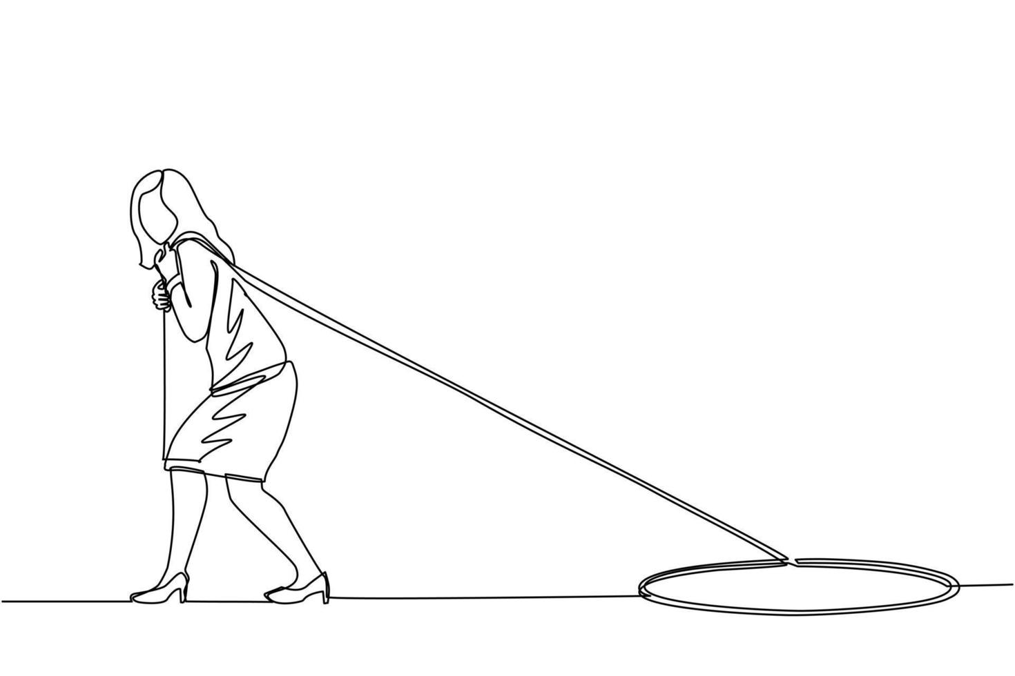 Single continuous line drawing businesswoman trying hard pulling rope to drag something from hole, metaphor to facing big problem. Business struggles. One line draw graphic design vector illustration