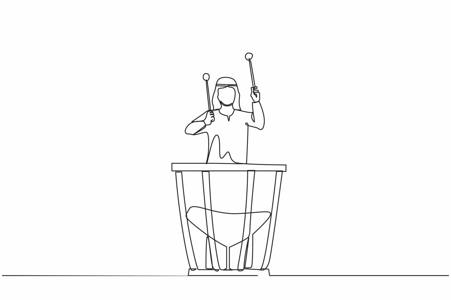 Continuous one line drawing Arab male percussion player play on timpani. Man performer holding stick and playing musical instrument. Musical instrument timpani. Single line draw design vector graphic