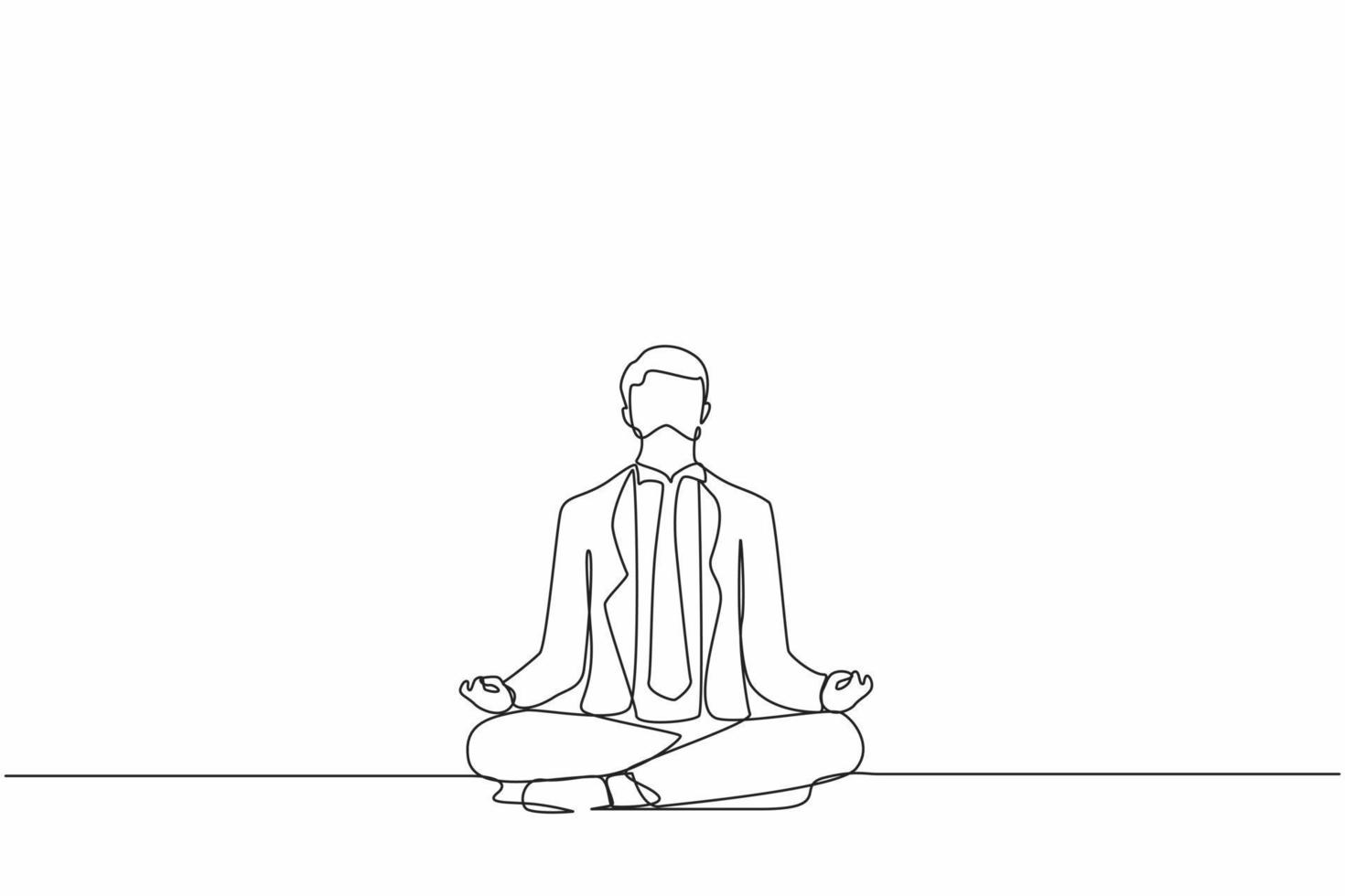 Single continuous line drawing businessman doing yoga. Office worker sitting in yoga pose, meditation, relaxing, calm down and manage stress. Dynamic one line draw graphic design vector illustration