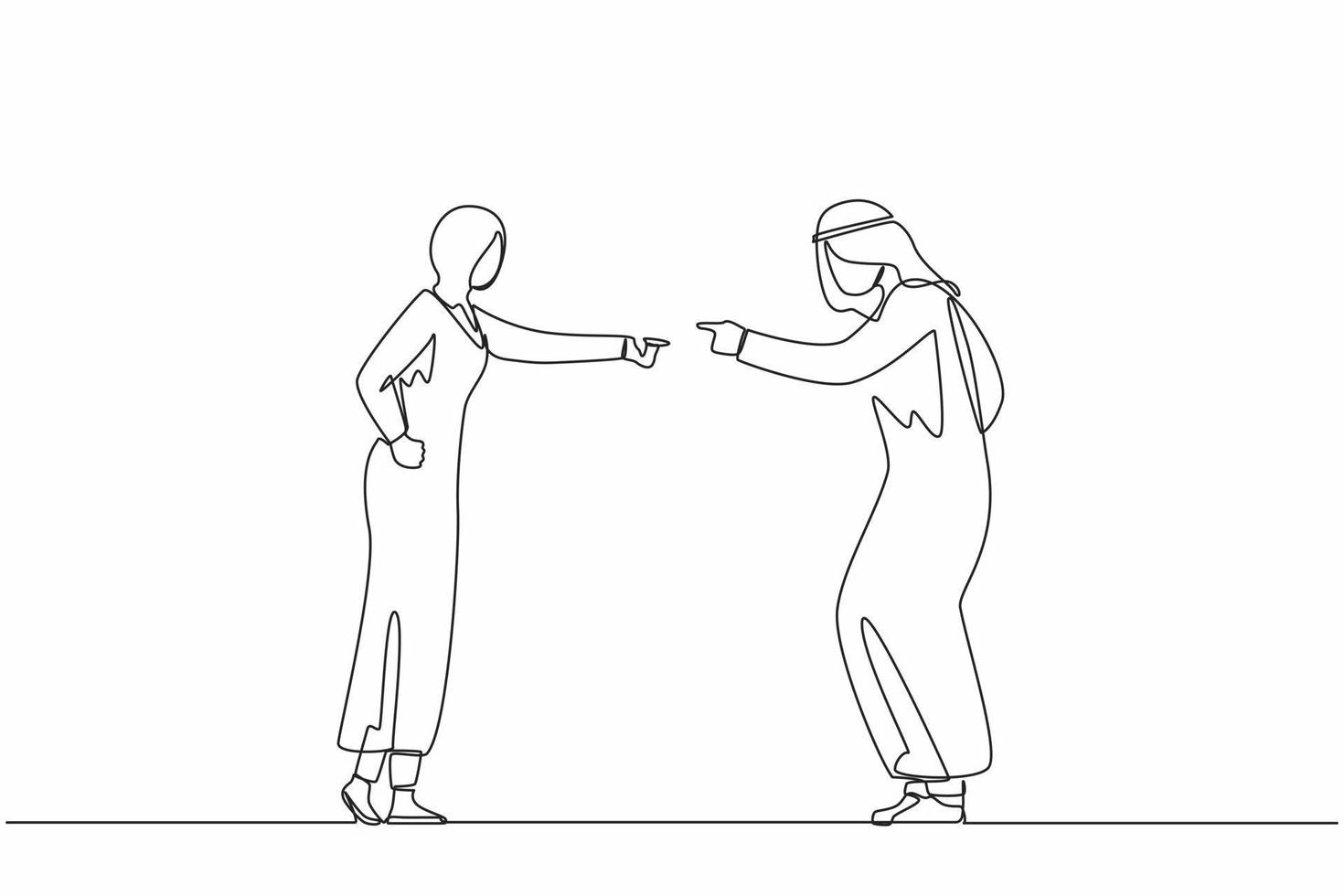 Continuous one line drawing angry aggressive Arabian couple man husband woman wife yelling and quarrelling together. Furious dispute discussion or disagreement. Single line draw design vector graphic