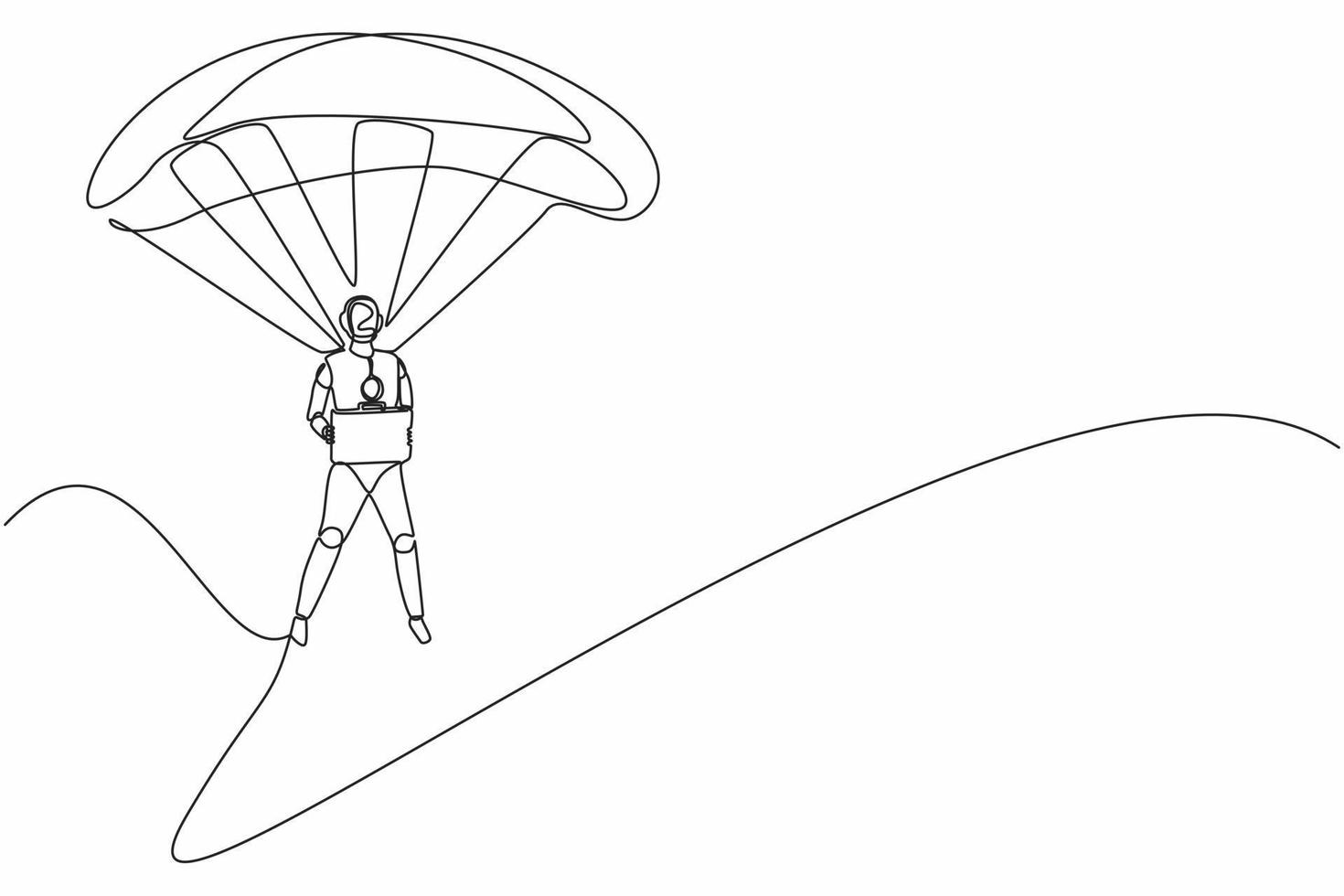 los robots de dibujo de una sola línea saltan con paracaídas y sostienen el maletín. organismo cibernético robot humanoide. futuro concepto de desarrollo de robótica. ilustración de vector gráfico de diseño de línea continua