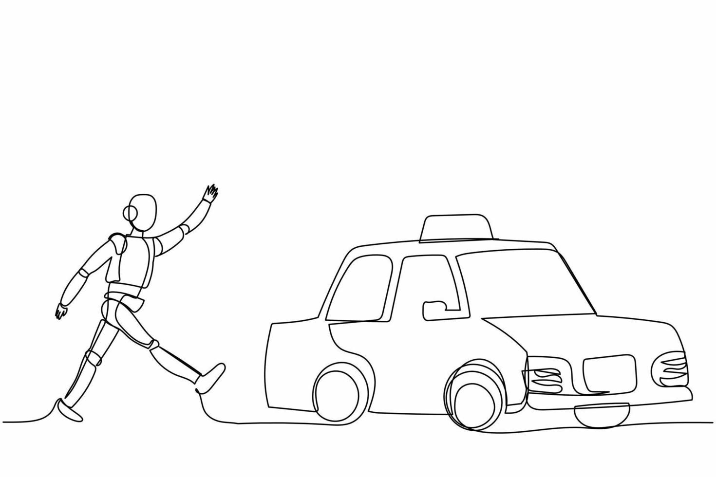 Continuous one line drawing robot running chasing taxi cab. Digitally transportation era. Humanoid robot cybernetic organism. Future robotic development. Single line design vector graphic illustration