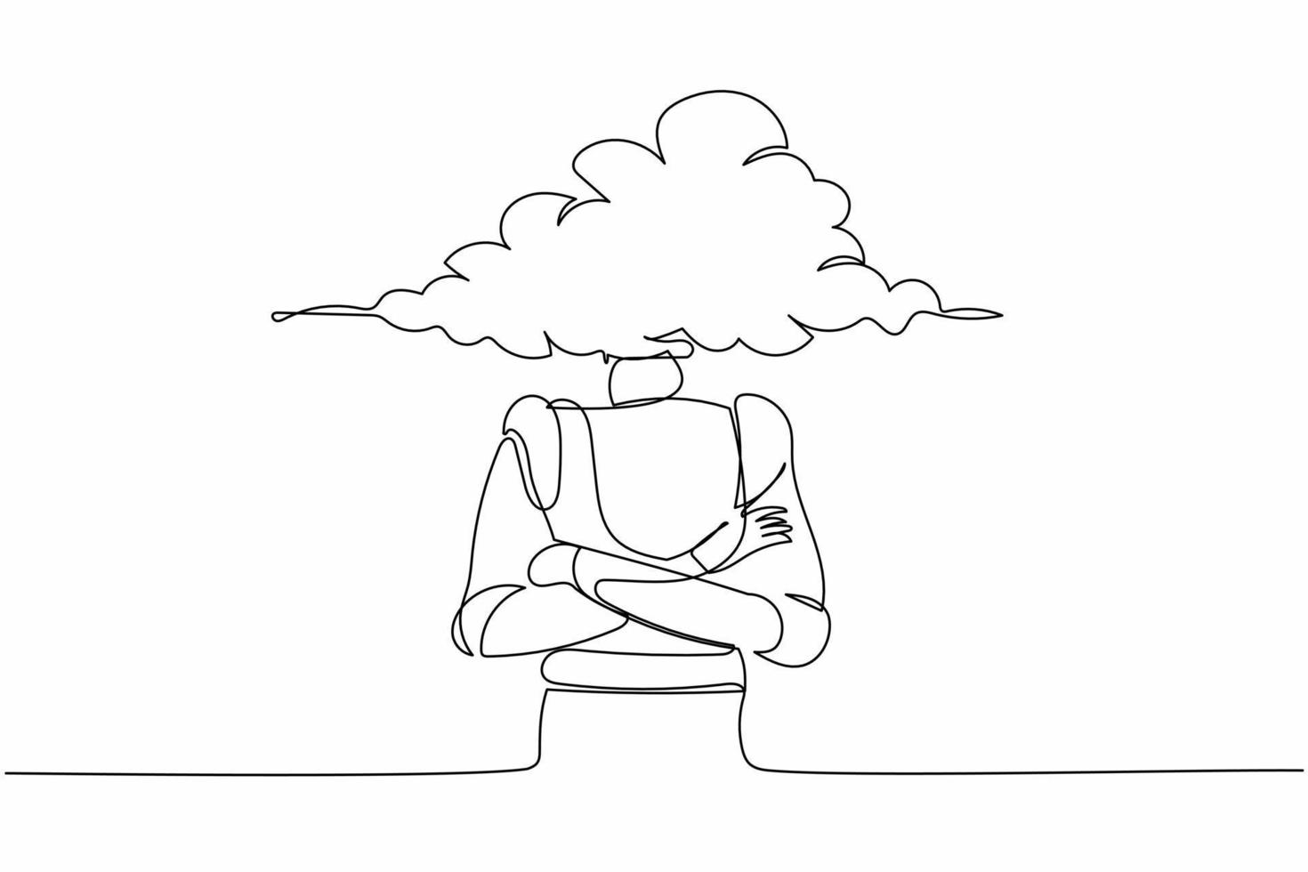 Continuous one line drawing robot with empty head and cloud instead. Thinking about idea. Humanoid robot cybernetic organism. Future robotic development. Single line design vector graphic illustration