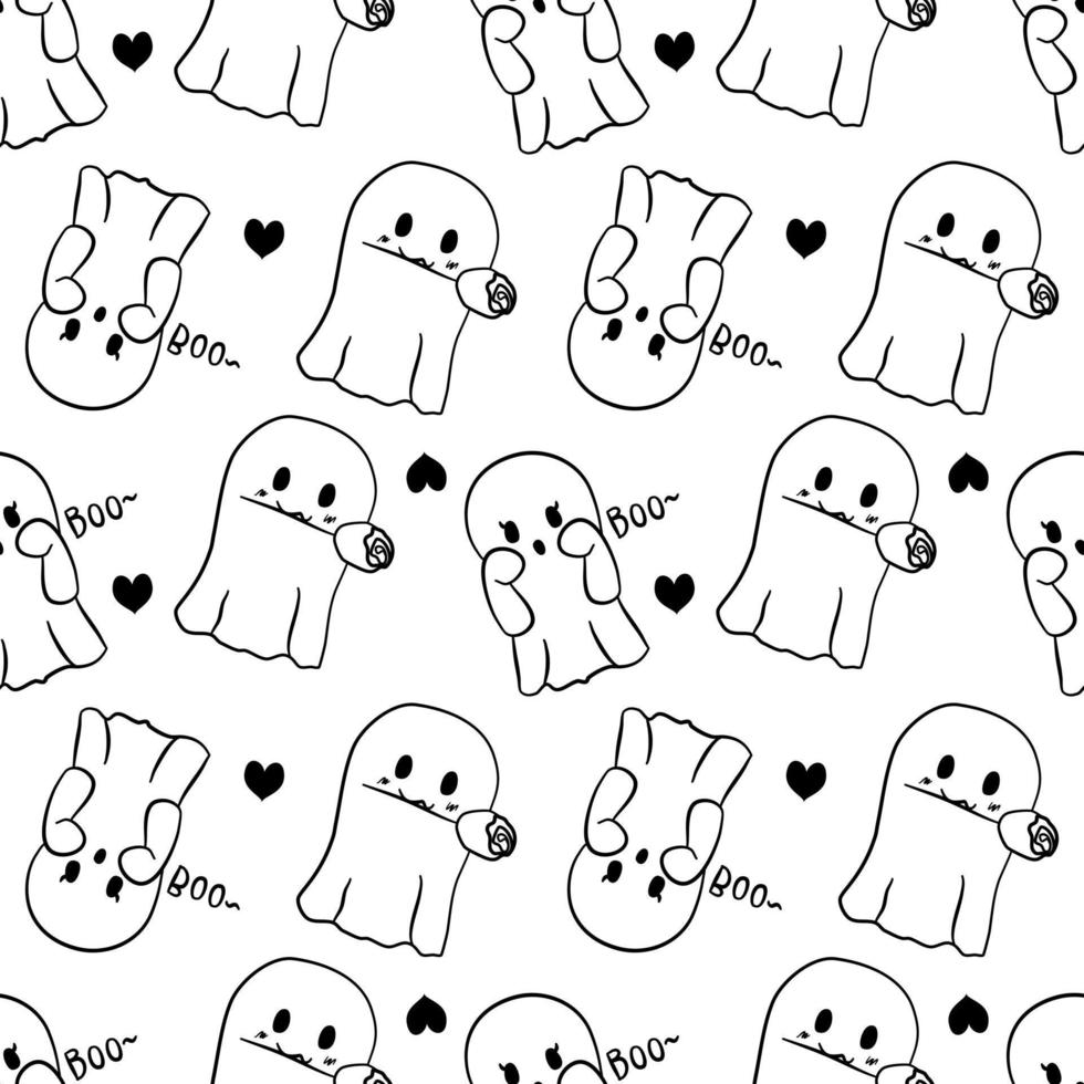 Seamless pattern with little ghosts. Wrapping paper pattern for Halloween decorations. Hand drawn line vector. Website banner. vector