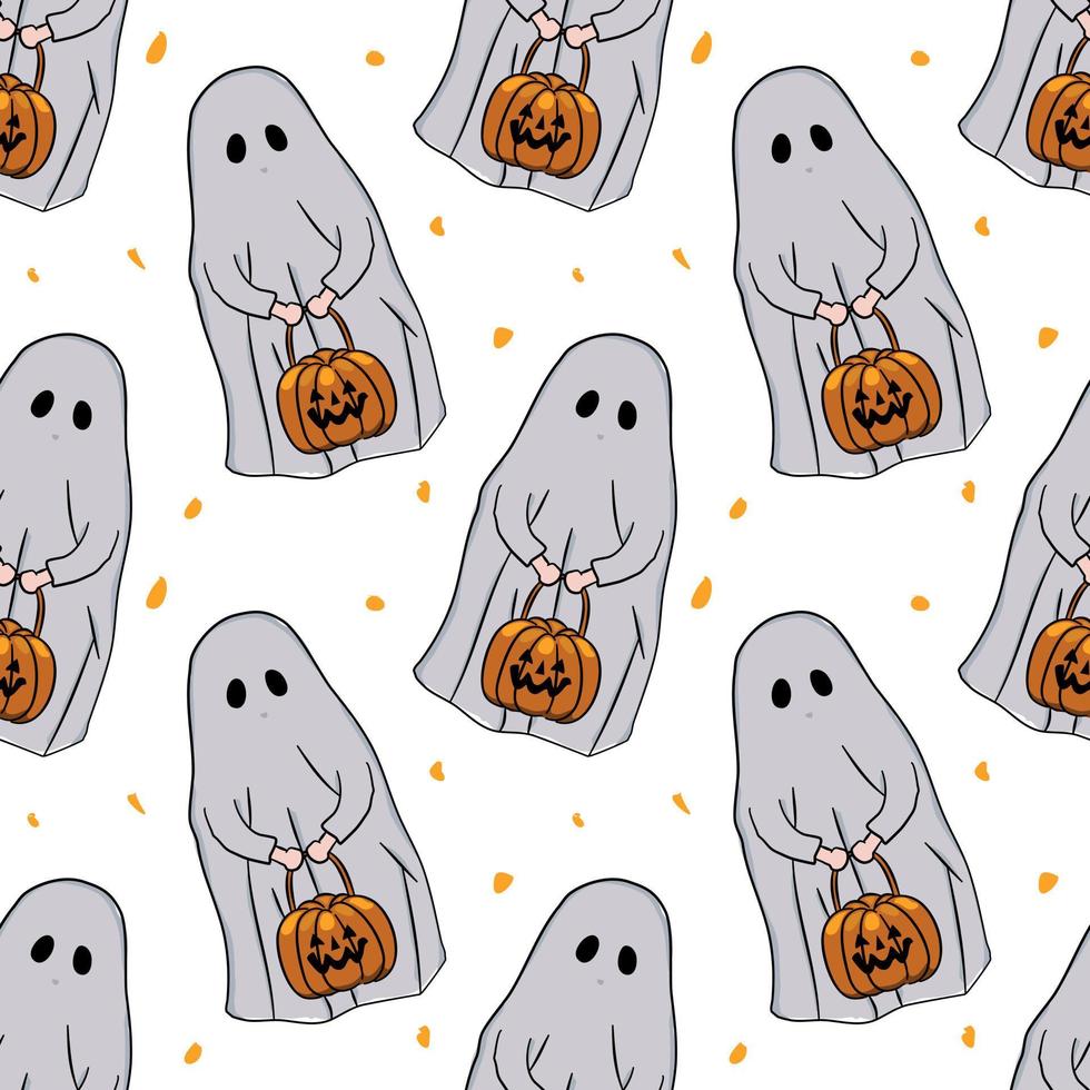 Seamless pattern with ghosts and pumpkins. Pattern for Halloween decorations. Hand drawn vector. vector