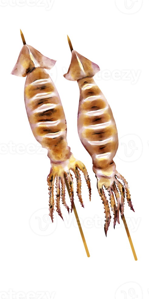 Set of various food junkfood and skewed seafood illustration paint PNG file