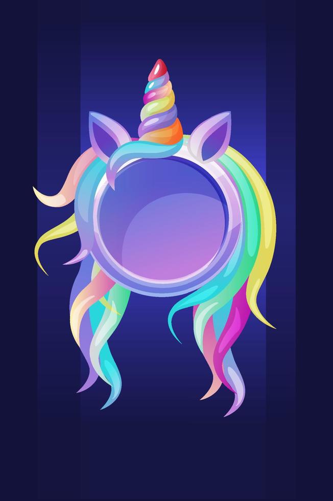 Round unicorn frame, cute template avatar for ui games. Vector illustration bright cartoon frame blank for graphic design.