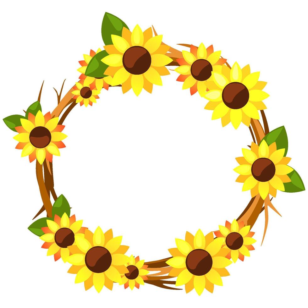 Decorative circle wreath with sunflowers on branch. vector