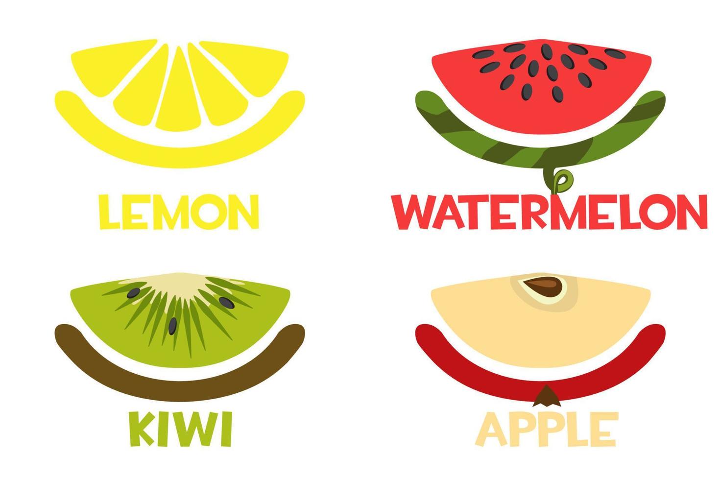 Fruit slices icons, fresh lemon, apple, kiwi, watermelon. Vector illustration set juicy ripe sweet fruits for game graphic design.