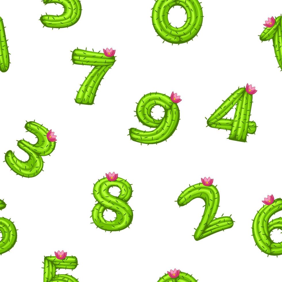 Seamless pattern with cactus numbers for ui game, school. Vector illustration textural background kid with numbers with a flower.