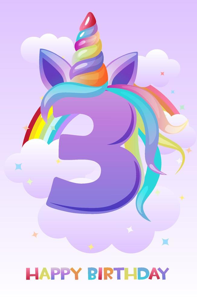 Unicorn three years old, happy birthday postcard or greeting card for ui game. Vector illustration invitation sky and rainbow for children.