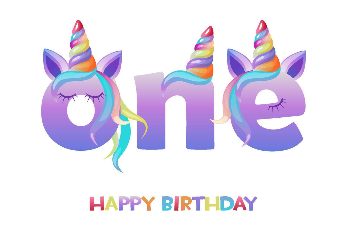 Unicorn lettering one, happy birthday greeting card for ui game. Vector illustration postcard congratulation for children.