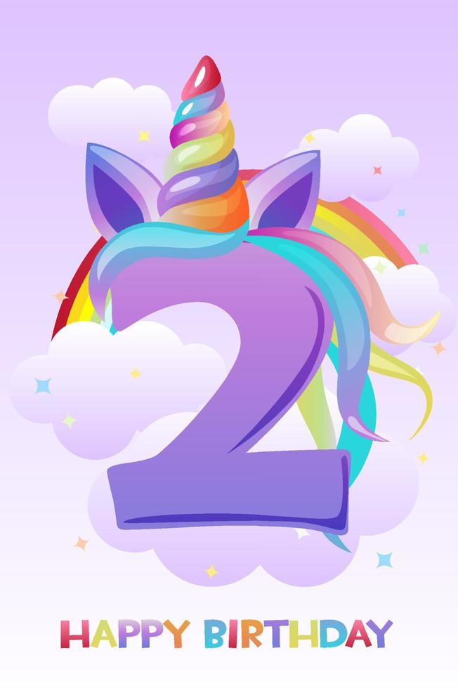  unicornio de tres años, postal de feliz cumpleaños o tarjeta de felicitación para el juego ui. cielo de invitación de ilustración vectorial y arco iris para niños.   Vector en Vecteezy