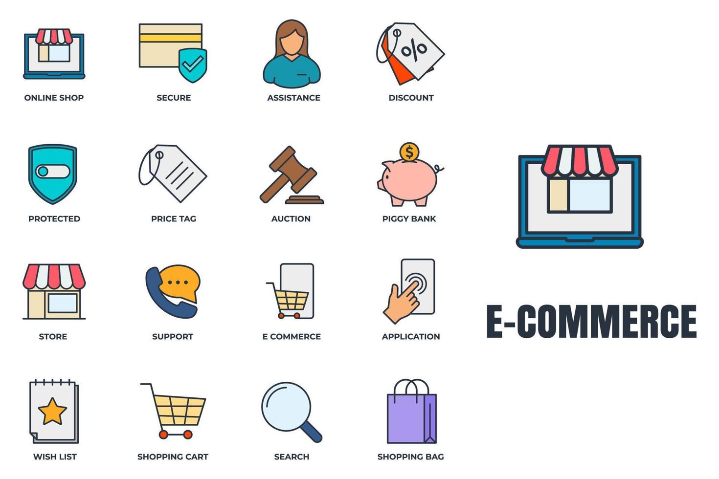 Set of E-commerce icon logo vector illustration. shopping cart, wish list, piggy bank, search, secure, protected shield and more pack symbol template for graphic and web design collection