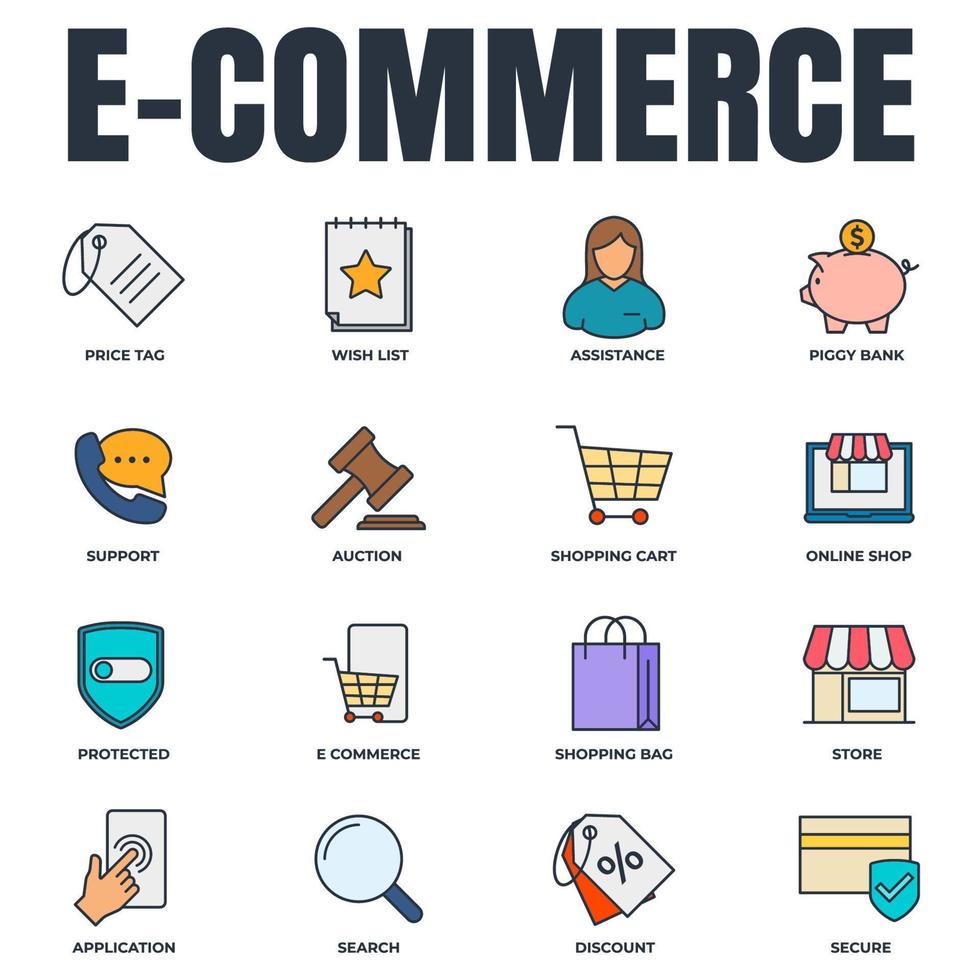 Set of E-commerce icon logo vector illustration. shopping cart, wish list, piggy bank, search, secure, protected shield and more pack symbol template for graphic and web design collection