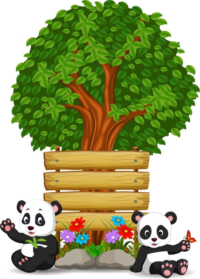 two pandas in front of an empty wooden signboard vector