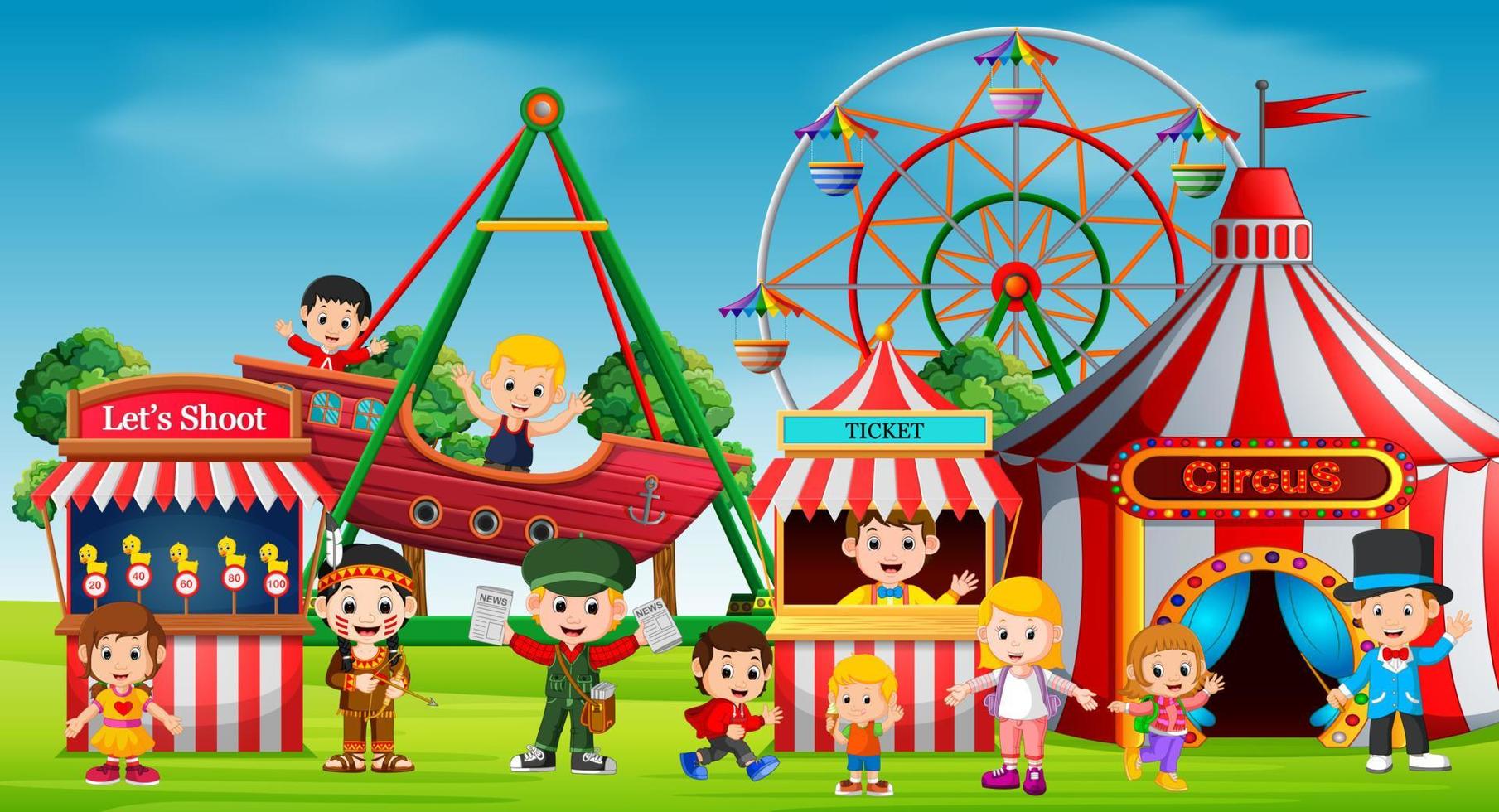 Childrens and having fun in amusement park vector