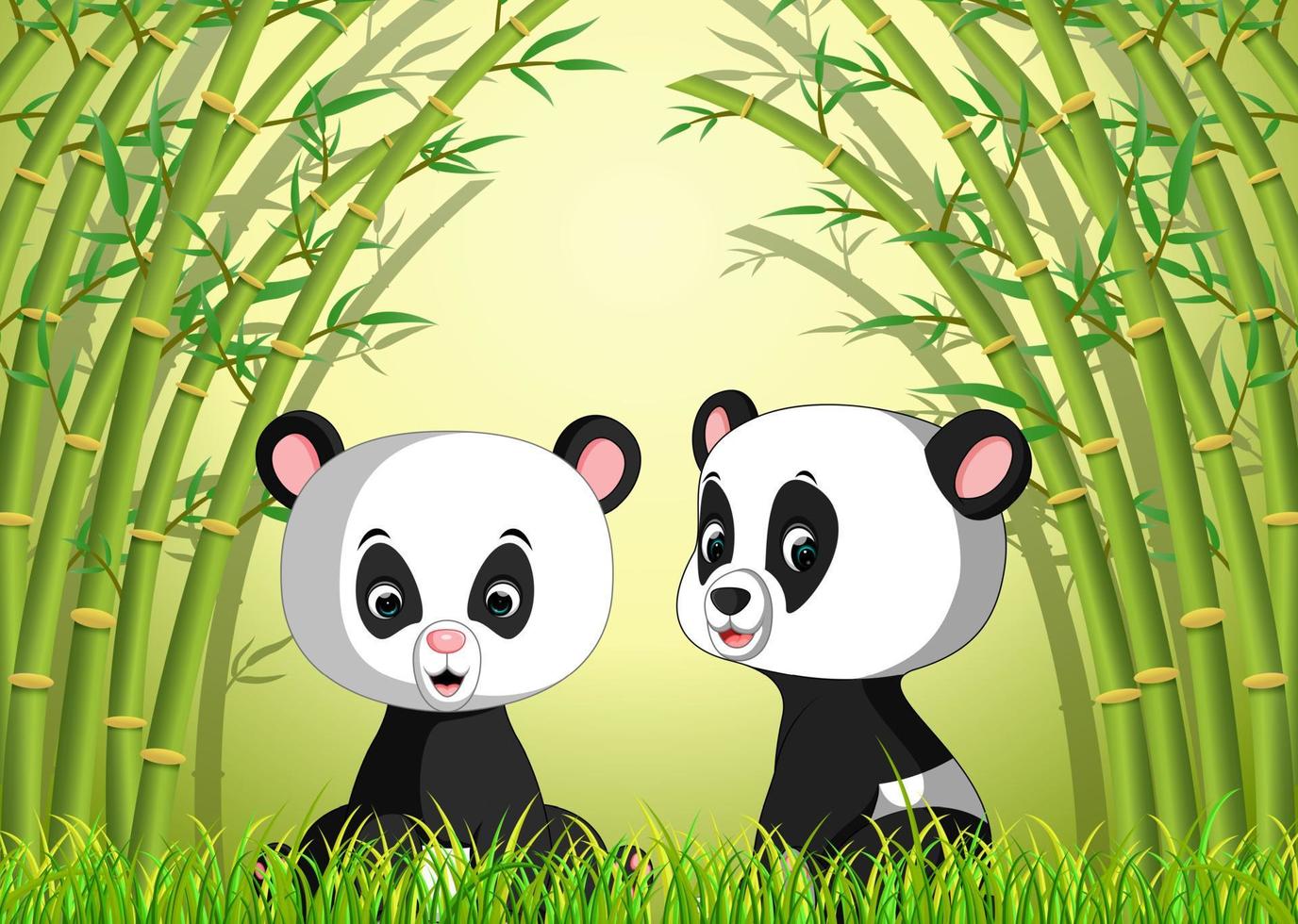 two cute panda in a bamboo forest vector