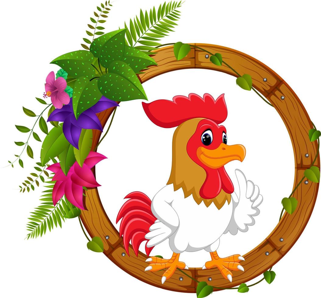 Rooster on round wood frame with flower vector