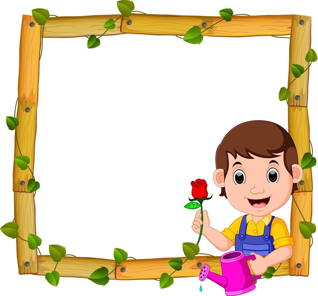 gardener on the wood frame with roots and leaf vector