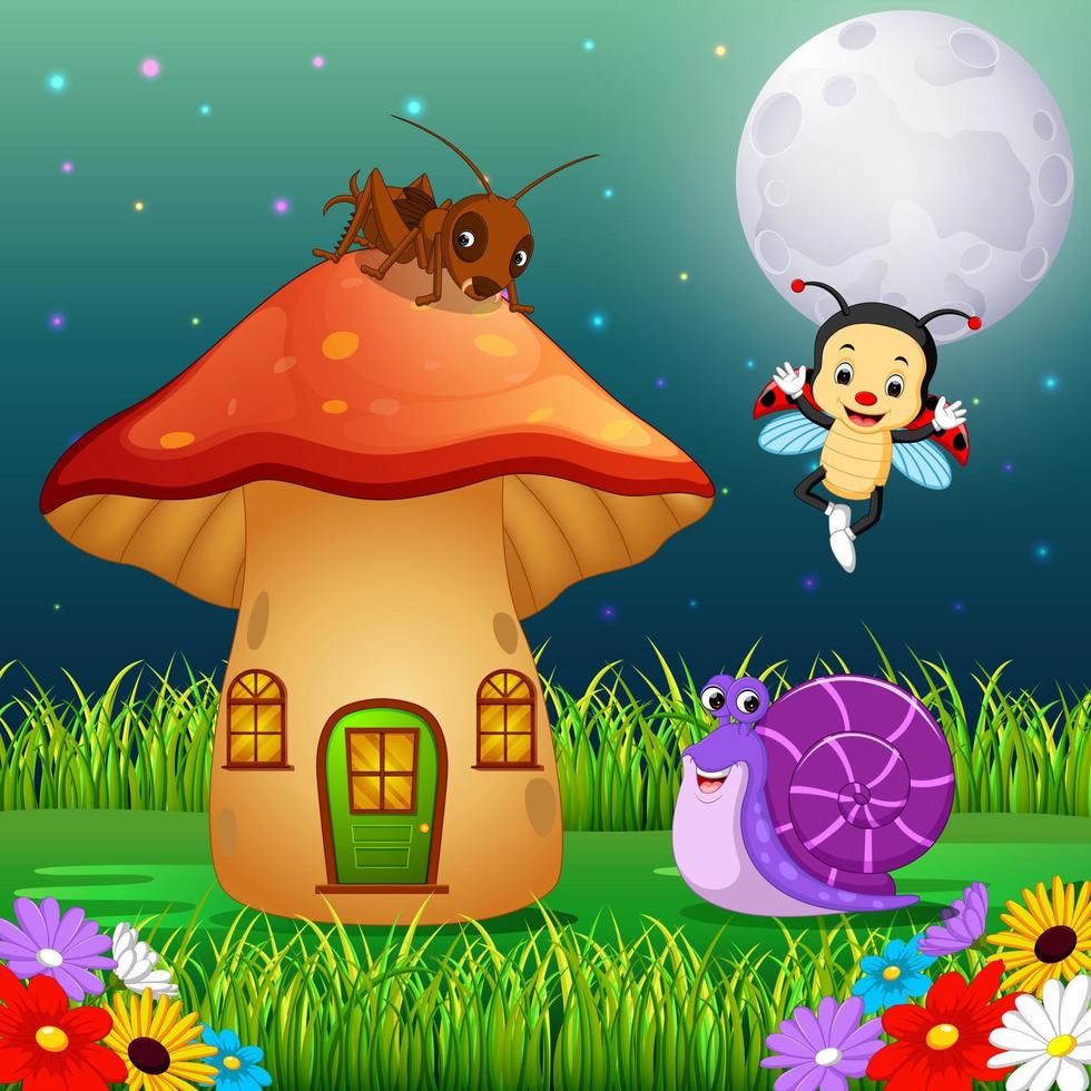 many insect and a mushroom house in forest vector