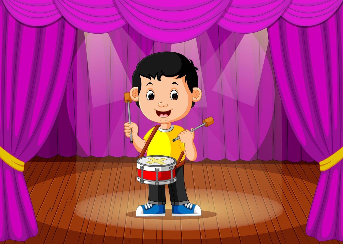 Cute boy playing drum on stage vector
