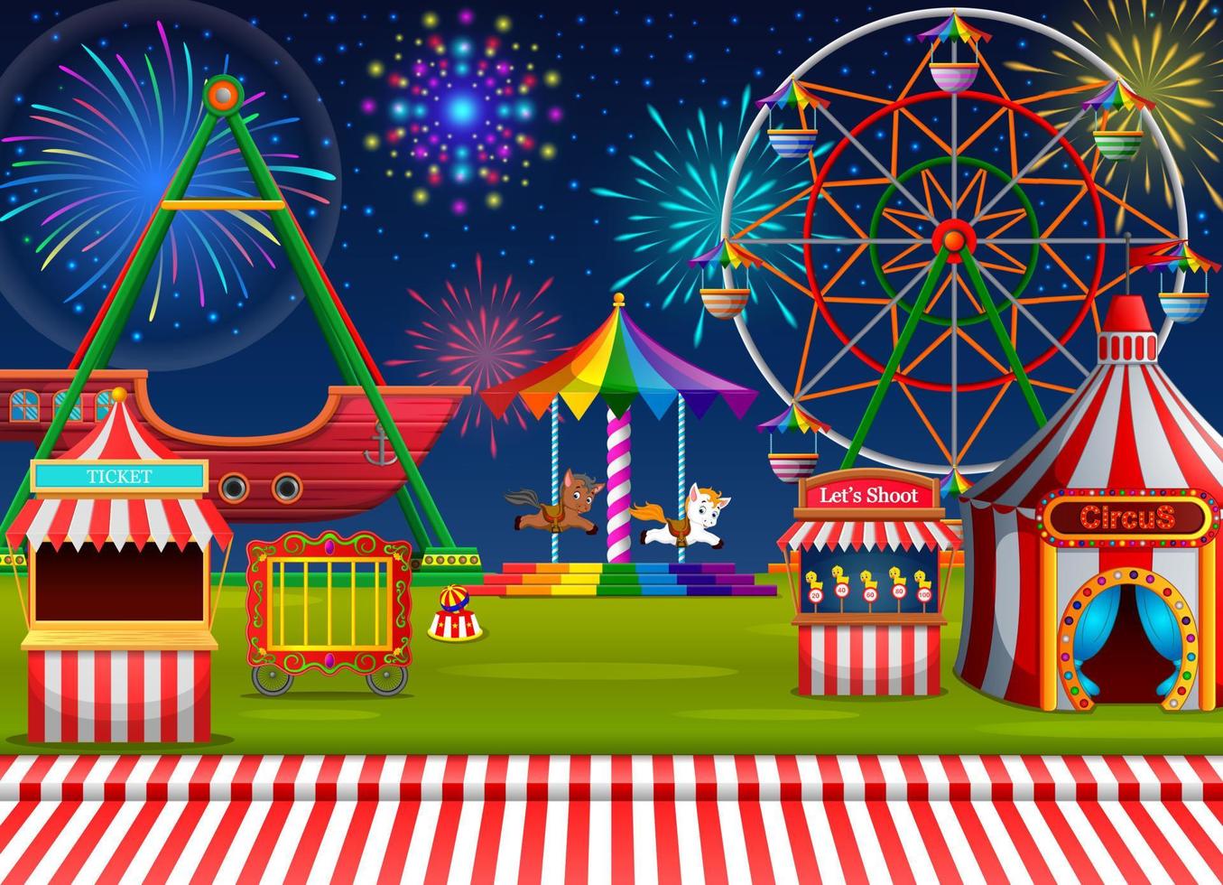Amusement park scene with circus tent and firework vector