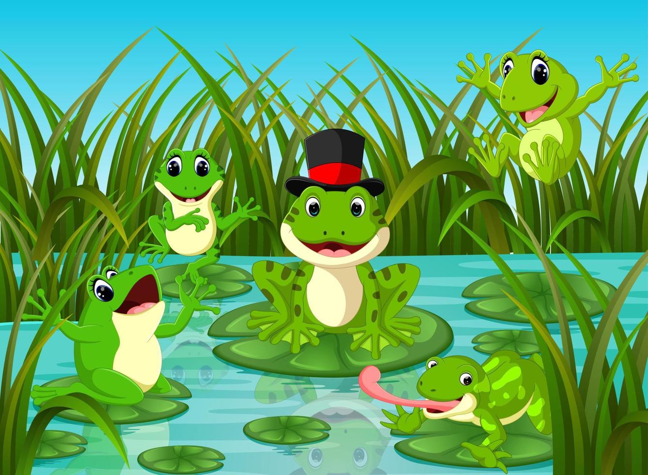 muchas ranas en la hoja con escena del río vector