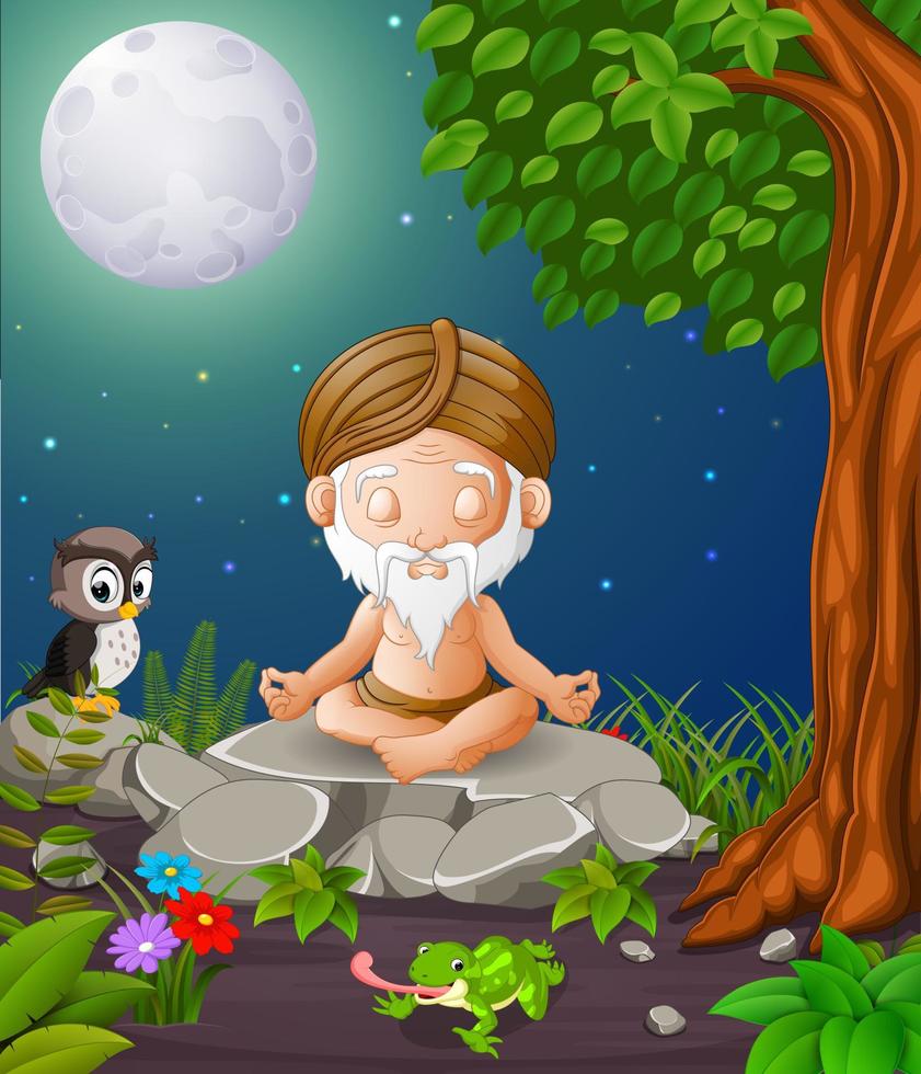 old man meditate while sitting on a big stone in forest vector