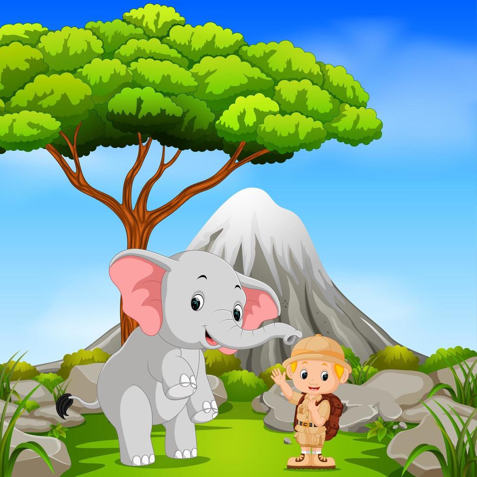 Zookeeper and elephant posing with mountain scene vector