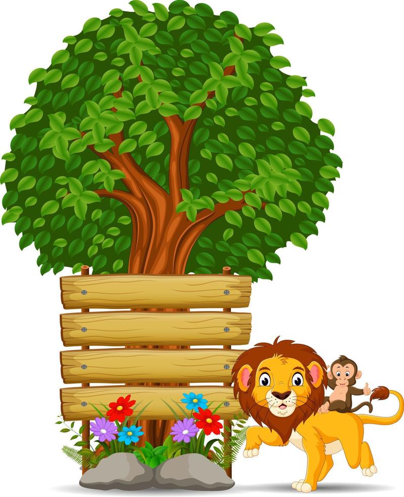 lion in front of an empty wooden signboard vector