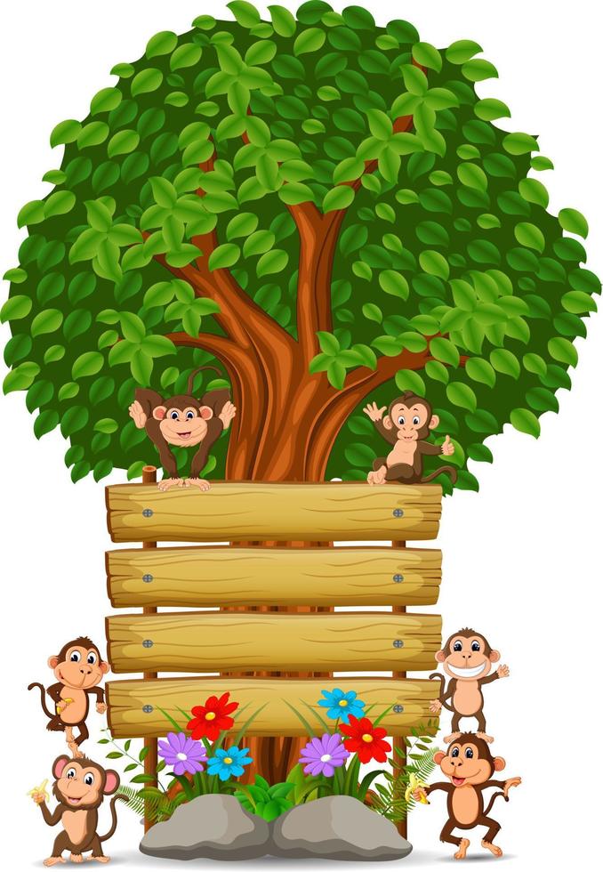 many monkey in front of an empty wooden signboard vector