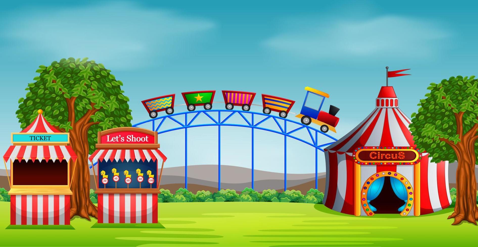 Amusement park scene at daytime with many rides vector