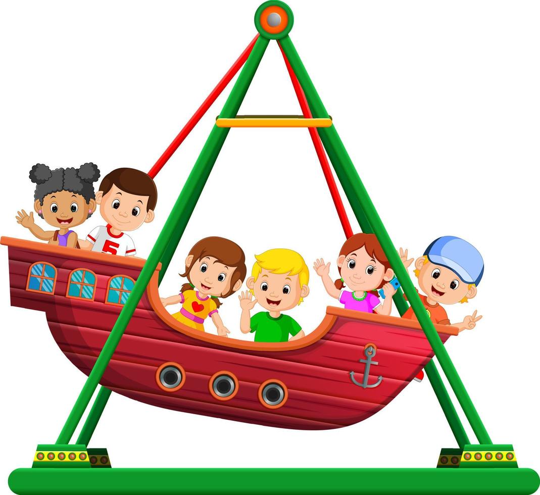 Children playing on viking ride at carnival vector