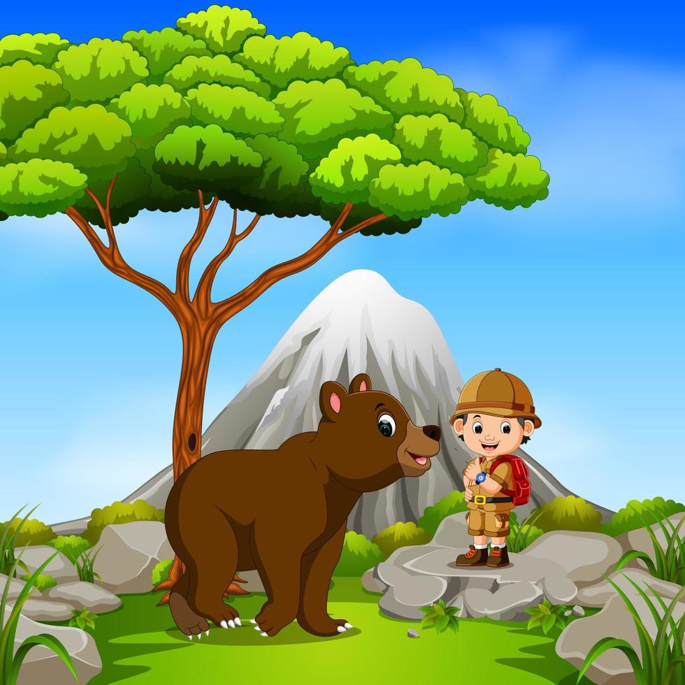 adventurer and bear posing with mountain scene vector