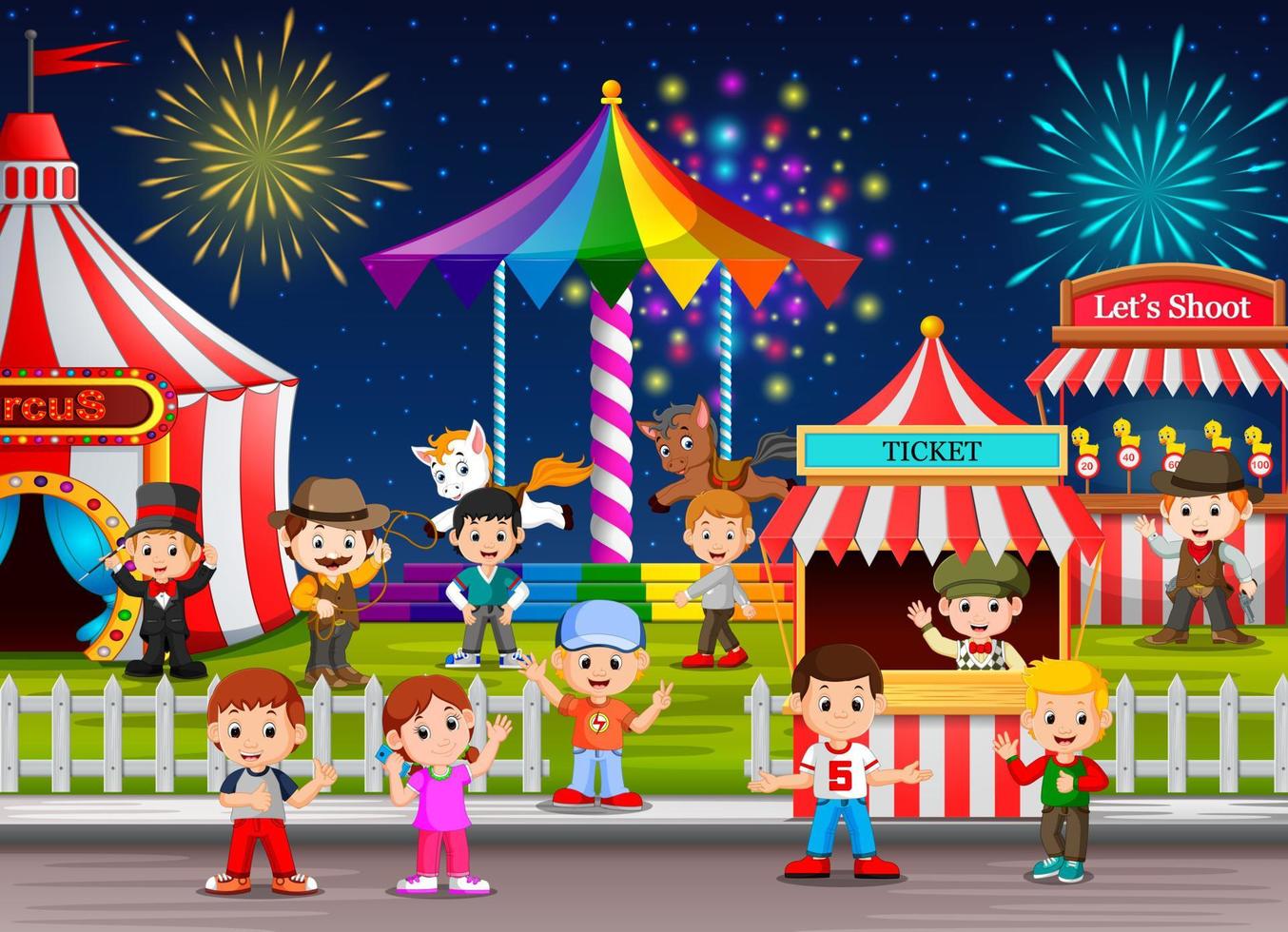 Many Childrens and people worker having fun in amusement park at night vector