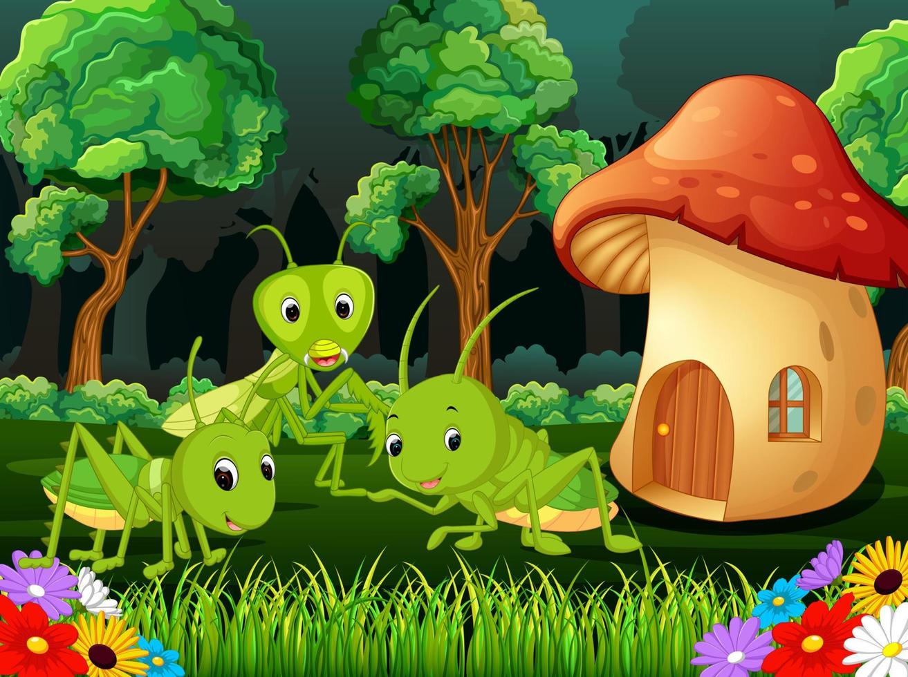 many grasshopper and a mushroom house in forest vector