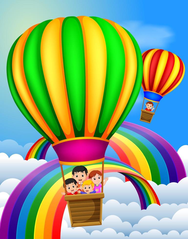hot air balloons flying with happy kids and rainbow scene vector