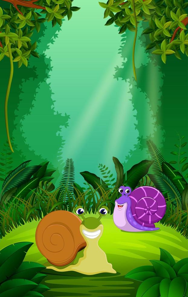 caracol en el bosque claro y verde vector